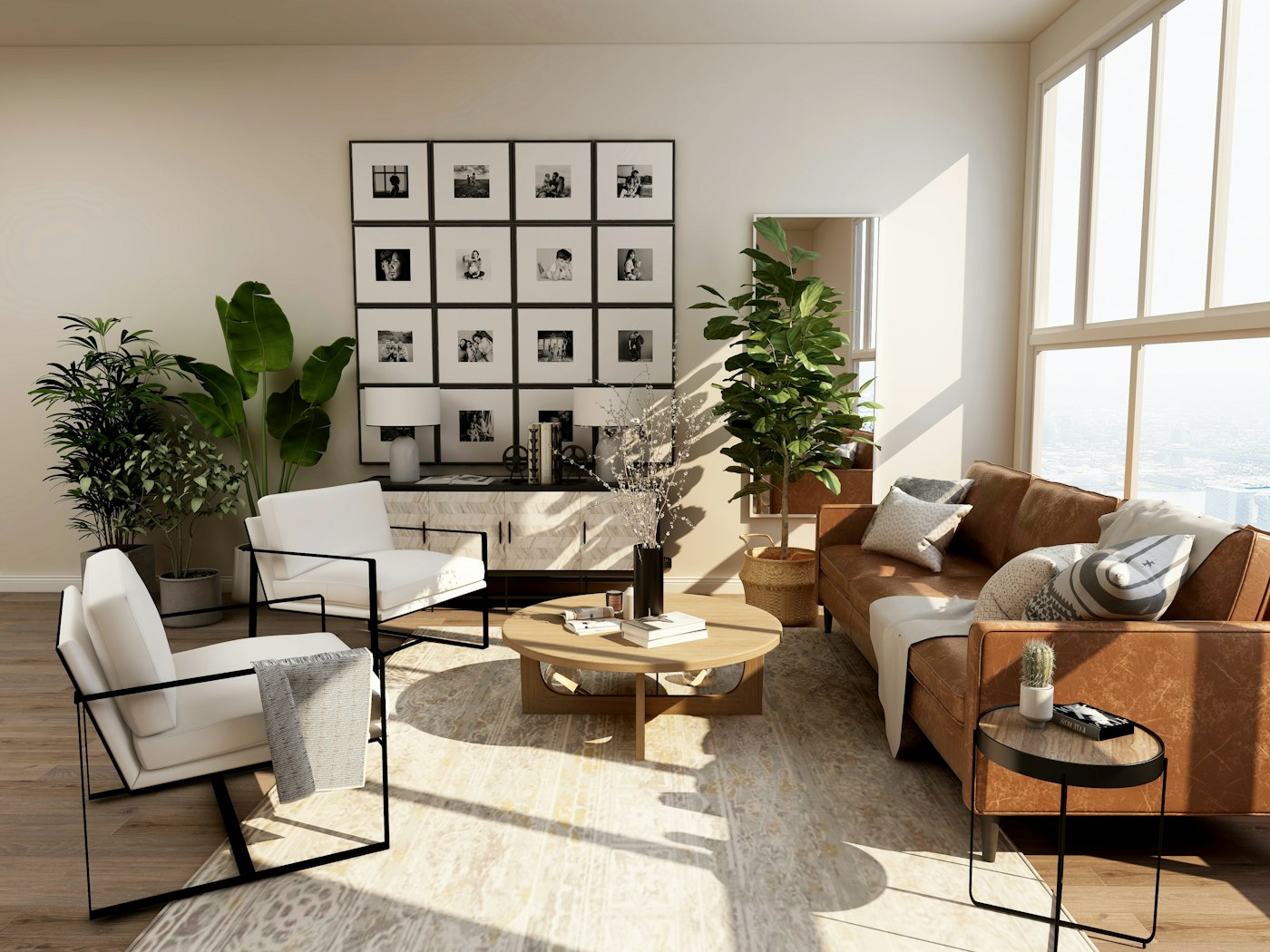 Sunlit living room with a leather sofa and a grid of framed photographs